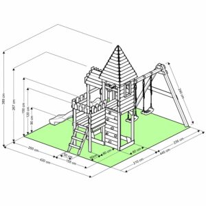 Hier sind einmal die genauen Maße des fertig aufgebauten Spielturms "Ritterburg" von Bibex. 