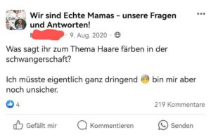 Screenshot zu einer Frage rund ums Haare färben in der Schwangerschaft aus unserer Echte-Mamas-Community