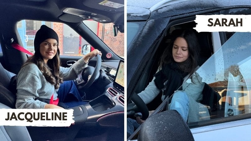 Split-Screen Bild von beiden Community Mamas, wie sie im Auto sitzen mit Namensfeld